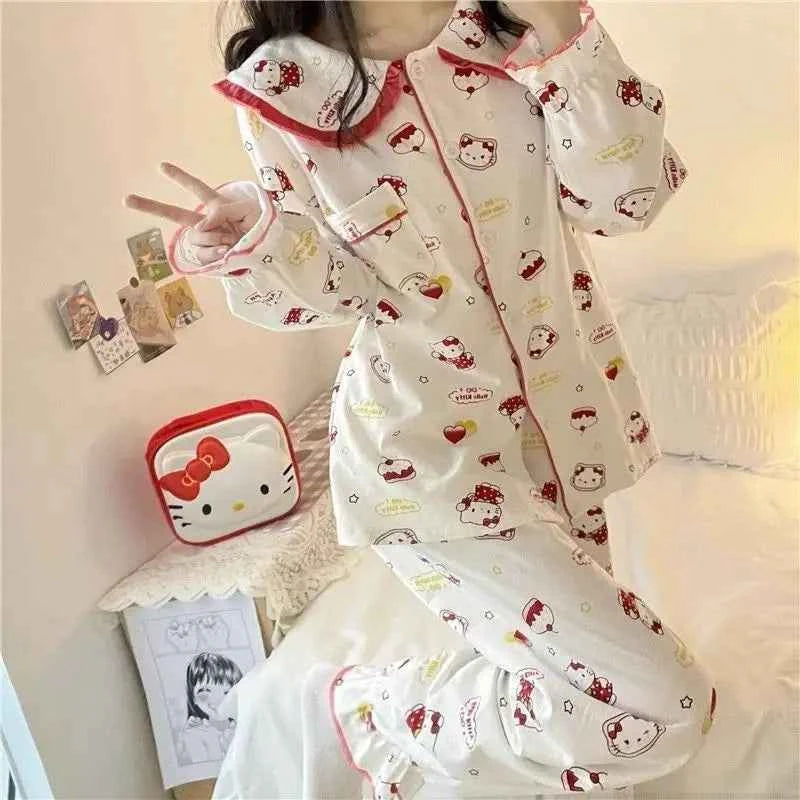 Anime Sanrioed Hello Kittys Pajamas Set Women's Clothing Kawaii Cartoon Kuromi Long Sleeves Student Home Wear Nightgown Suit