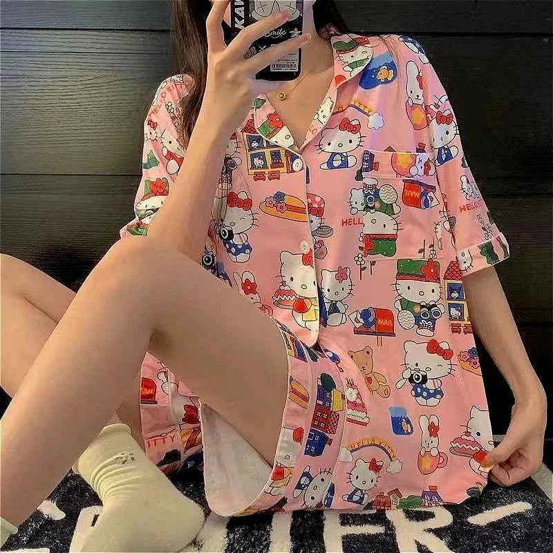 Sweet Hello Kitty Girls Pajama Sets Loose Soft Sanrio Cartoon Kuromi Cute Womens Nightgown Short Sleeve Sleepwear Clothes Summer