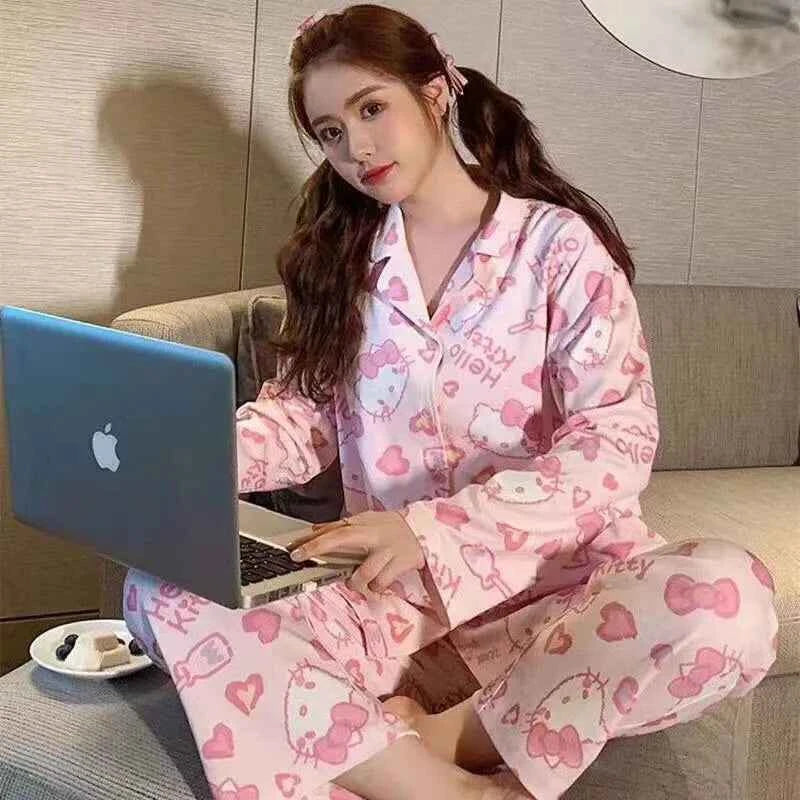 2Pcs Anime Sanrioed Hello Kittys Pajamas Kuromi Kawaii Cartoon Cinnamoroll Loose Sleepwear Pajamas Sets Home Clothes Girl Gifts