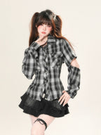 Retro Plaid Personalized Shirt Long Sleeved Shoulder Cinched - Vusy Kawaii Shop