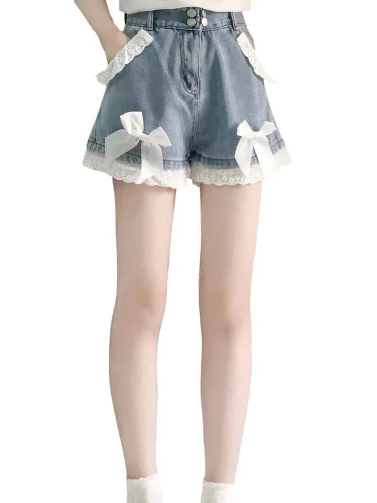 Summer Lolita Denim Shorts Teen Girls Kawaii Bow Lace Hem Women Wide Leg Jeans 2025 Korean Fashion High Waist Casual Short Pants