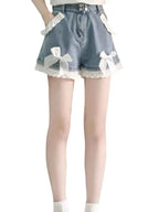 Summer Lolita Denim Shorts Teen Girls Kawaii Bow Lace Hem Women Wide Leg Jeans 2025 Korean Fashion High Waist Casual Short Pants