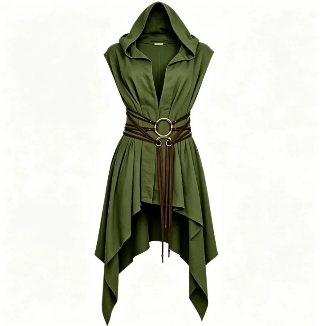 Green medieval elf ranger hooded sleeveless tunic with wrap belt on white background