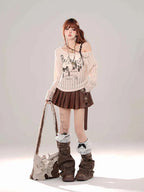 Coffee Colored Fluffy Half Skirt Women A-Line Girl Pleated