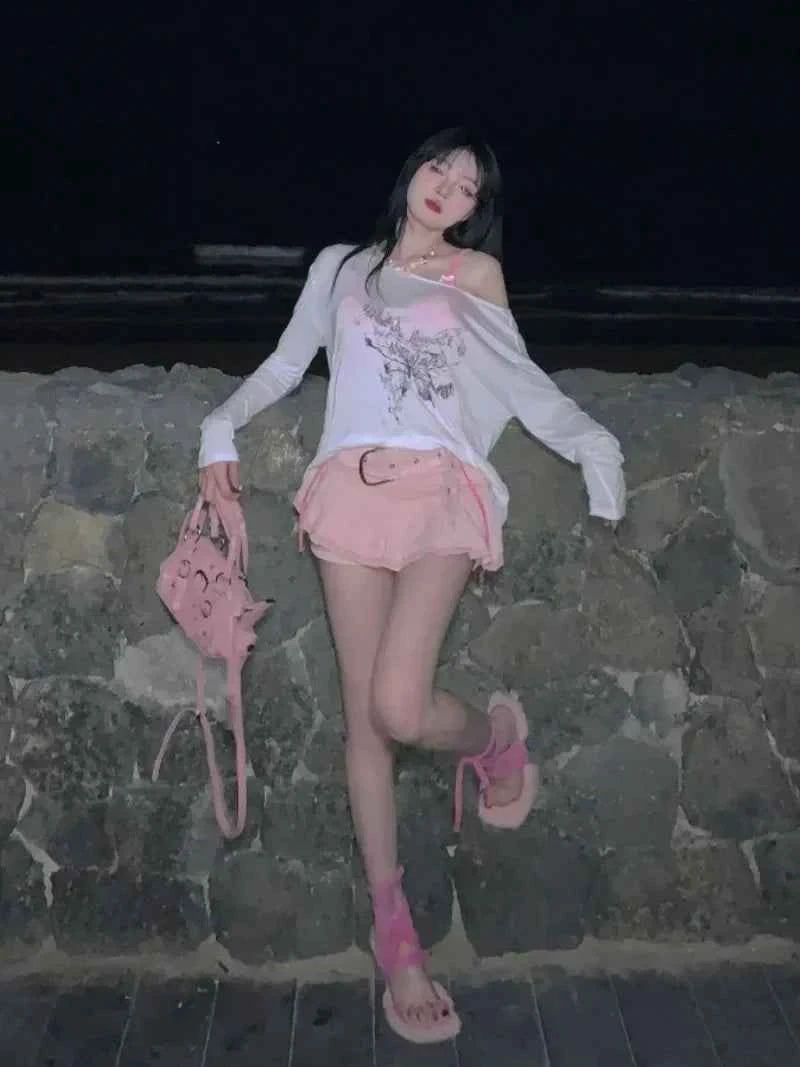 Pink Mini Skirts Aesthetic Sweet Cute High Sweet Slim Skirt