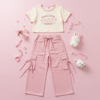Korean Spring Summer Set Short Sleeve T-Shirt and Pink - Vusy Kawaii Shop