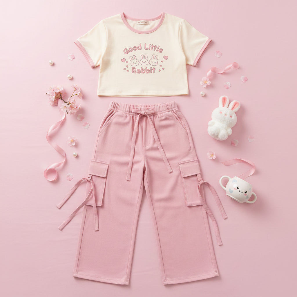 Korean Spring Summer Set Short Sleeve T-Shirt and Pink - Vusy Kawaii Shop