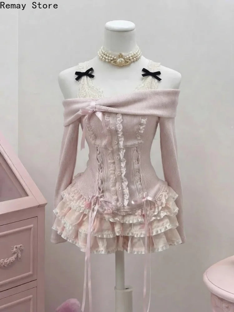 Women's Sweet Lace-Trim Top & Mini Skirt Set