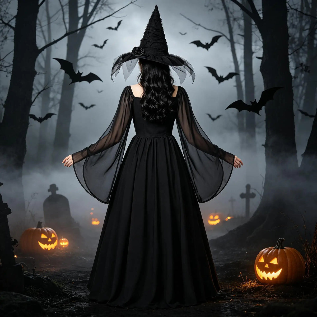 Back view of black witch maxi dress with sheer bell sleeves and pointed hat in a spooky forest with pumpkins