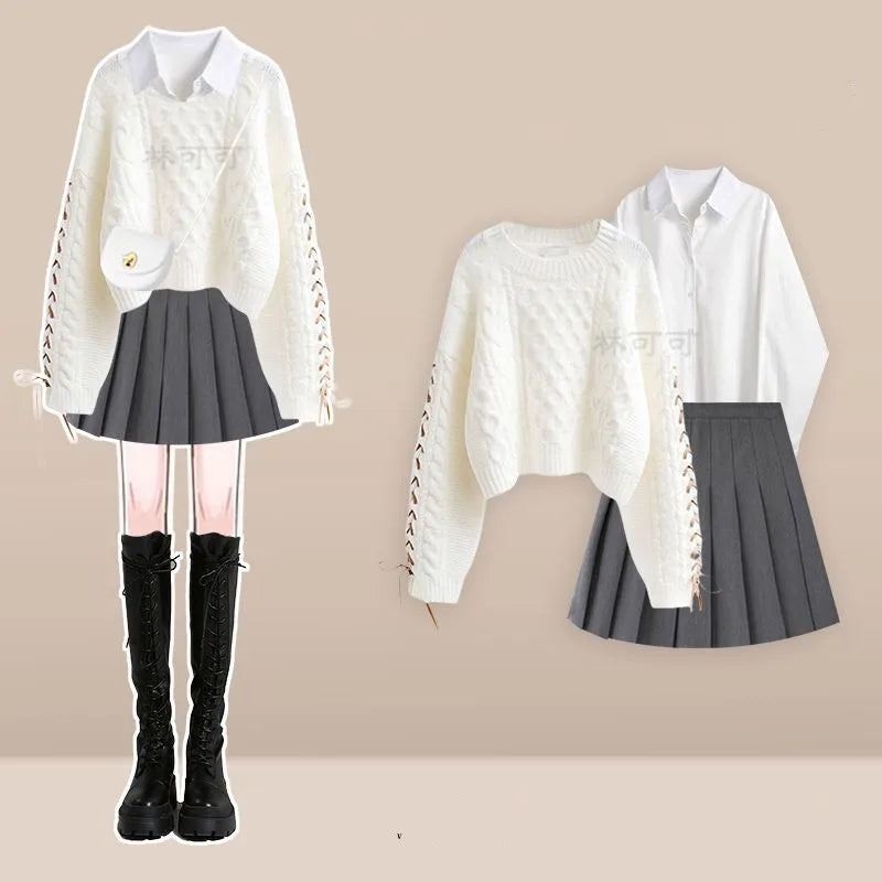Beige cable knit sweater with white shirt and pleated skirt, product photo 6