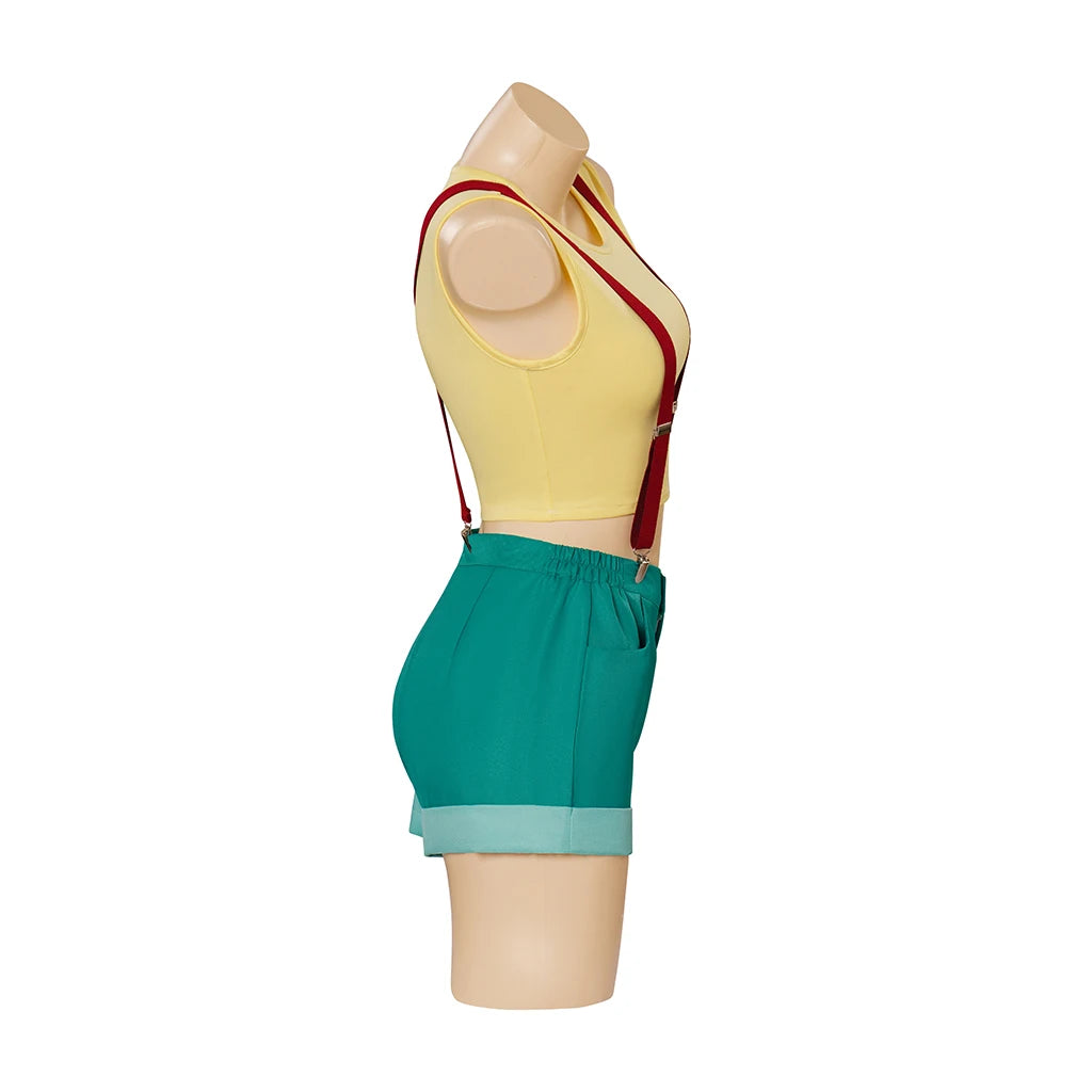 Misty cosplay teal shorts with light blue cuffs, close up
