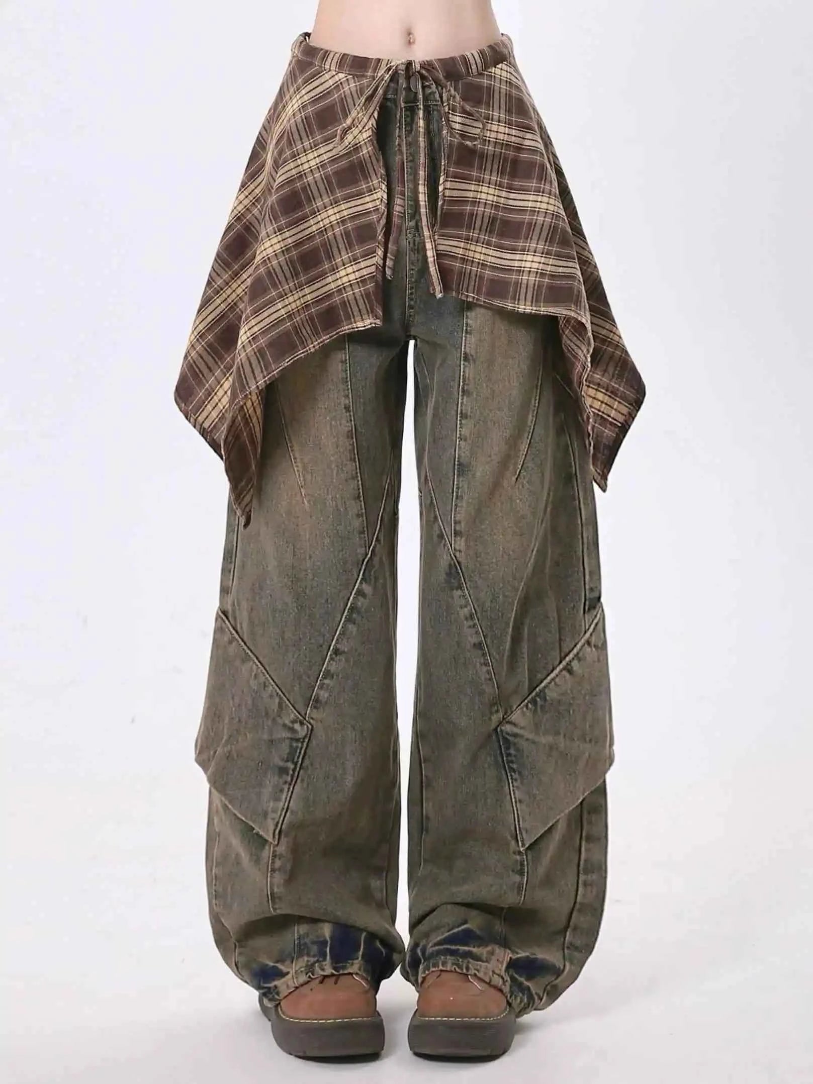 Women Blue Y2k Jeans with Skirt Harajuku Vintage Baggy Denim Trousers Japanese 2000s Style Oversize Jean Long Pants Clothes New