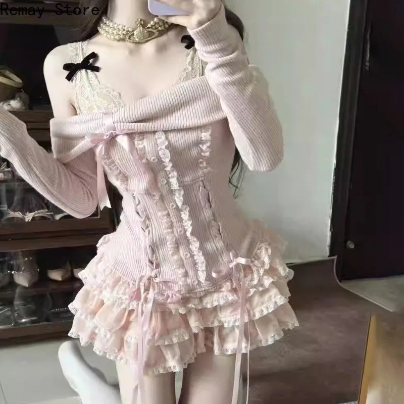 Women's Sweet Lace-Trim Top & Mini Skirt Set