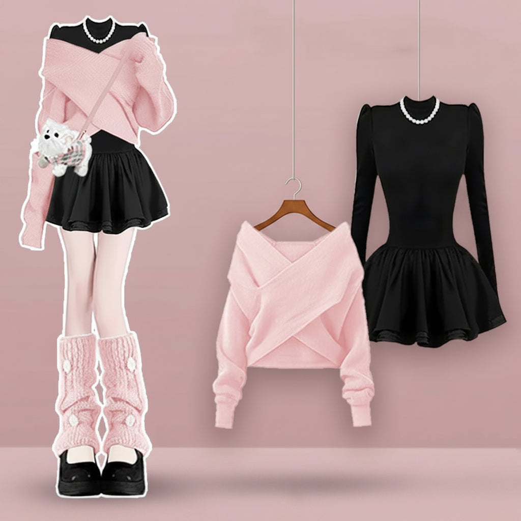 Women Graceful Pink Short Sweater Mini Black Ball Gown - Vusy Kawaii Shop