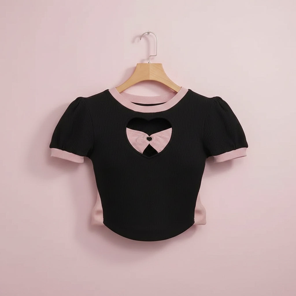 Skirt Set Bow Tie Love Hollow Out Crop Top Denim Ruffled - Vusy Kawaii Shop