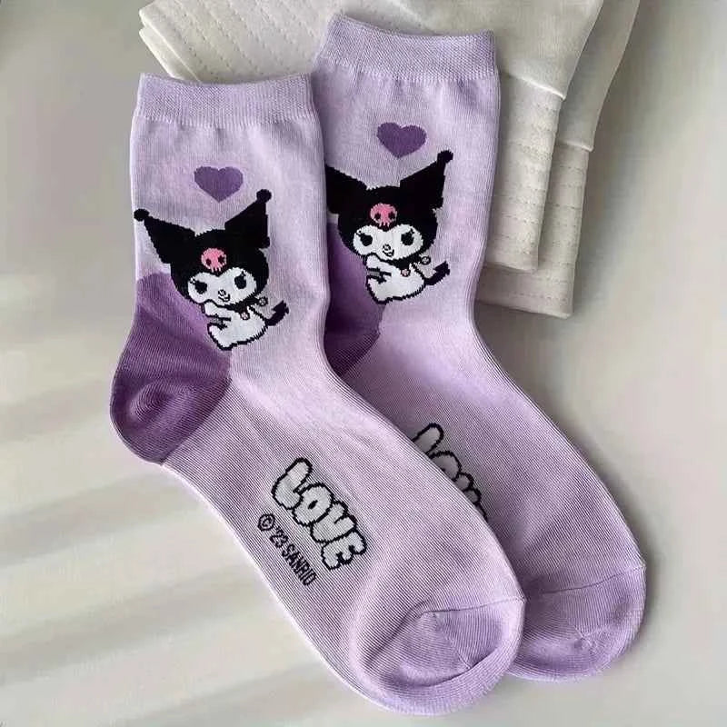 6 Pairs Anime Sanrio Melody Kuromi Print Kids Socks Cinnamoroll  Kawaii Warm Cartoon Women Mid-calf Socks Cotton Sock for Girls