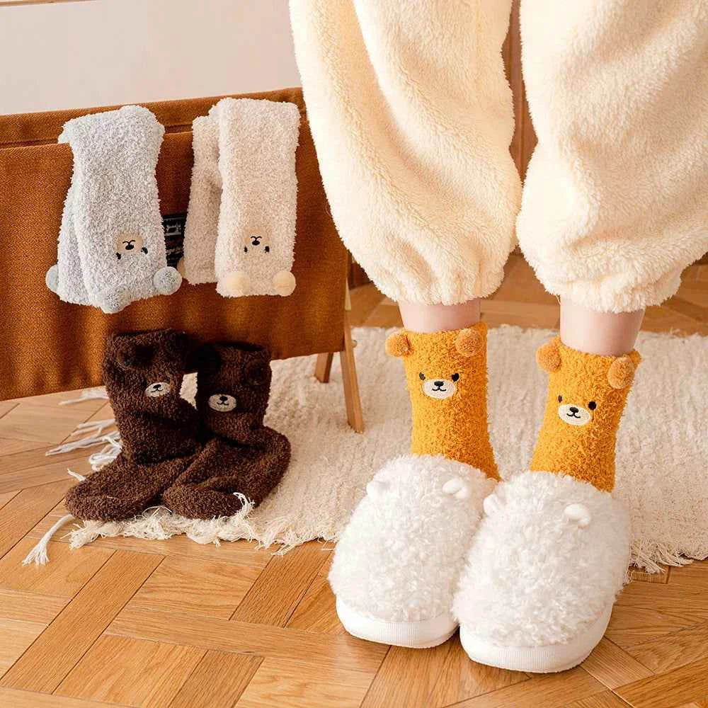 5/6/12 PCS Cartoon Animal Socks Women Warm Plush Mid-calf Sock 6 Colors Fleece Sock Set Home Floor Sleeping Winter