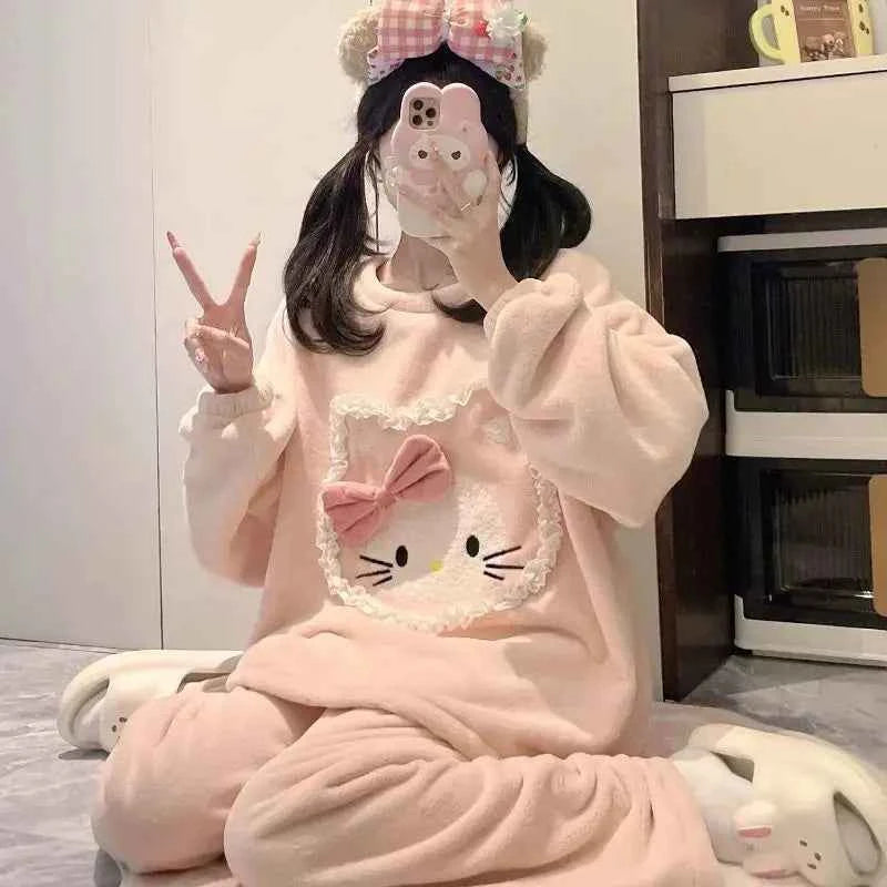 Kawaii Hello Kittys Flannel Autumn Winter Thickened Warm Pajamas Women Casual Loose Round Neck Home Clothes Suit Cartoon Cute