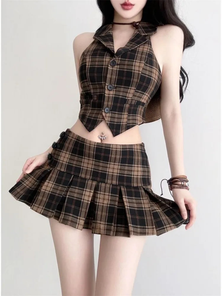 Chic Fashion Women 2 Sets Vintage Sexy Off Shoulder Plaid - Vusy Kawaii Shop