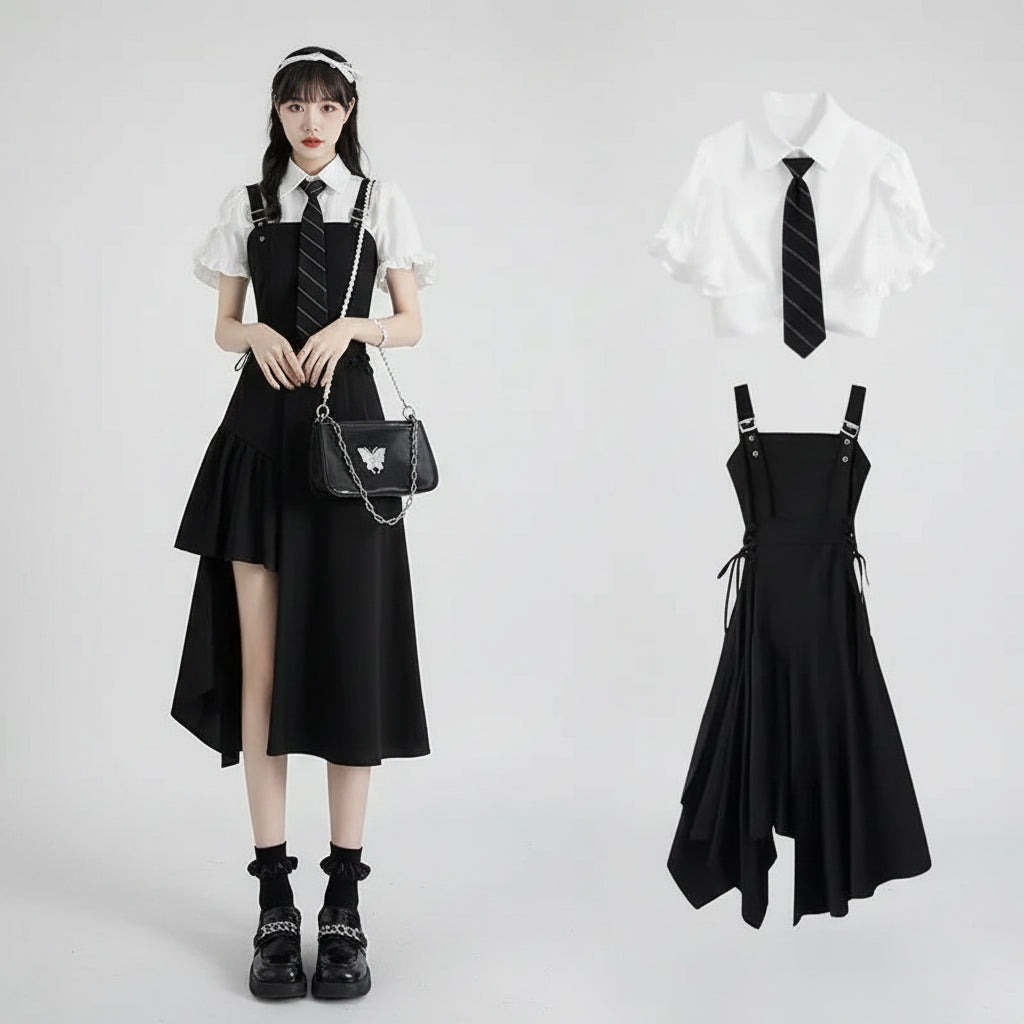Summer Preppy Style 2-Piece Set Short Shirt with Tie - Vusy Kawaii Shop