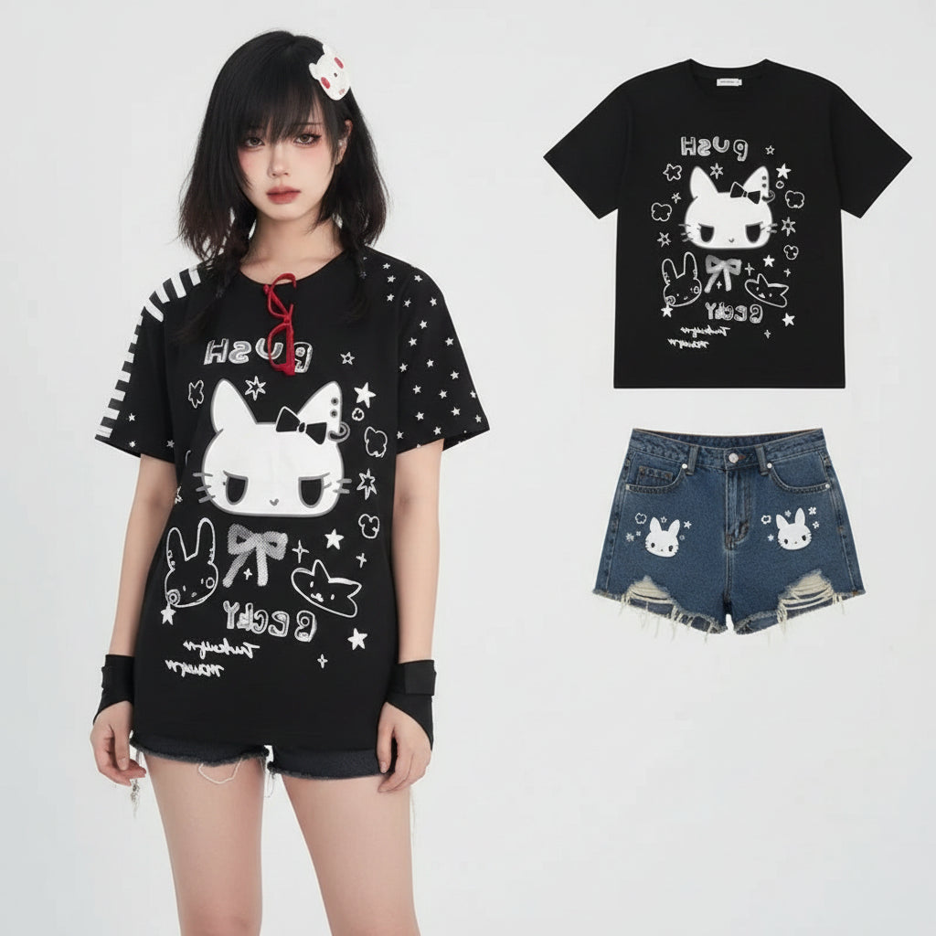 Cat Print Cute Woman Tshirts Tops Japanese Tees Short Sleeve - Vusy Kawaii Shop