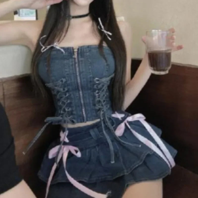 Vintage Sweet 2 Piece Set Denim Mini Skirt Women Ruffle - Vusy Kawaii Shop