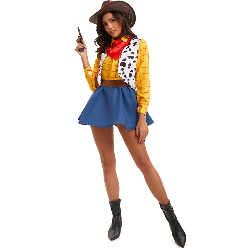 Woody cowgirl cosplay with yellow shirt and cow print vest, front view