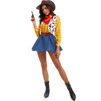 Woody cowgirl cosplay with yellow shirt and cow print vest, front view