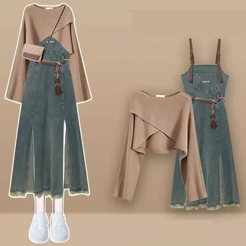 Autumn-Winter Vintage Two-Piece Set Knit Sweater Denim - Vusy Kawaii Shop