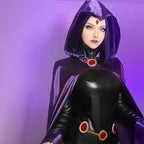 Raven cosplay costume with purple hooded cloak and red gem brooch, detail view