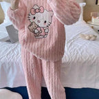 Cute Hello Kittys Coral Fleece Plush Pajamas Set Sanrioed Women's Autumn Winter Pijama Thickened Flannel Home Furry Set Clothes