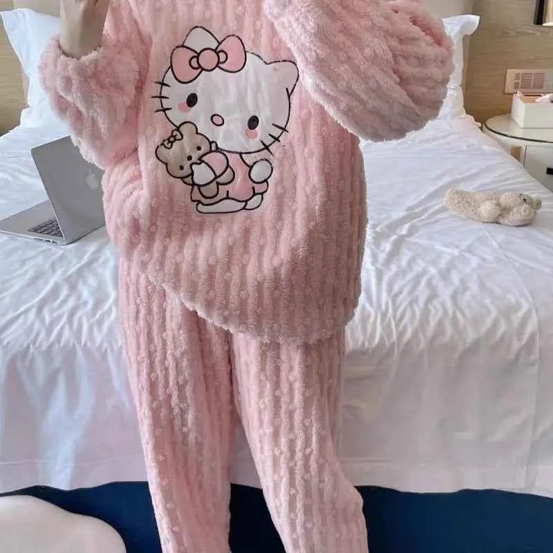 Cute Hello Kittys Coral Fleece Plush Pajamas Set Sanrioed Women's Autumn Winter Pijama Thickened Flannel Home Furry Set Clothes