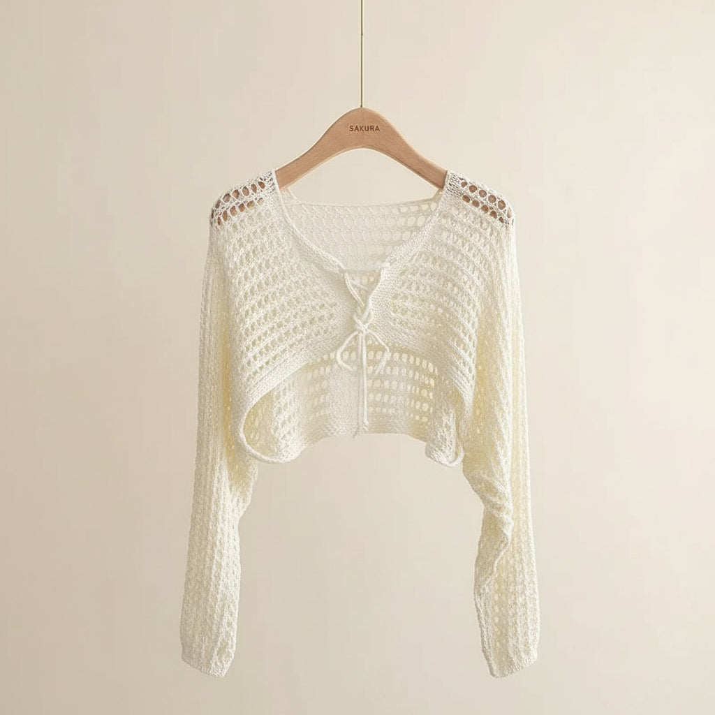 Crochet Crop Cardigan Women Long Sleeve Lace-Up Tie Front - Vusy Kawaii Shop