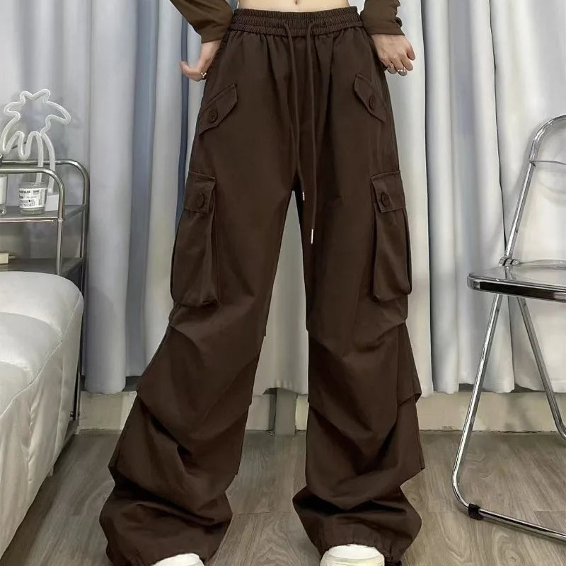 Brown Knit Vest Striped Shirt and Cargo Pants Set, model wearing brown cargo pants with drawstring waist