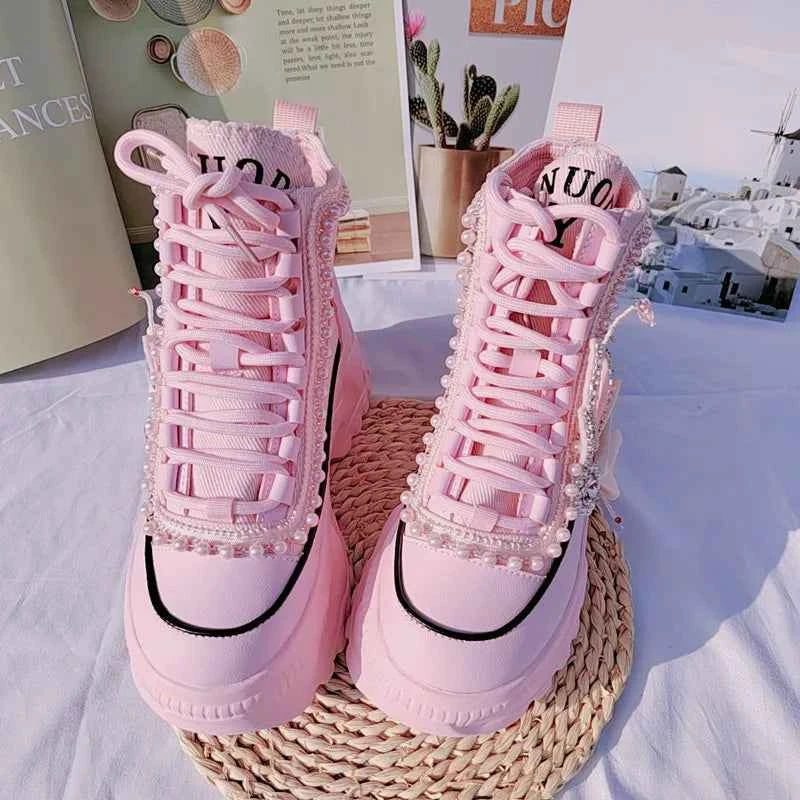 Lolita's Original Thick Soled Boots Women's Pink High Rise Short Boots Sweet Diamond Inlaid Fairy New High Top Single Shoes