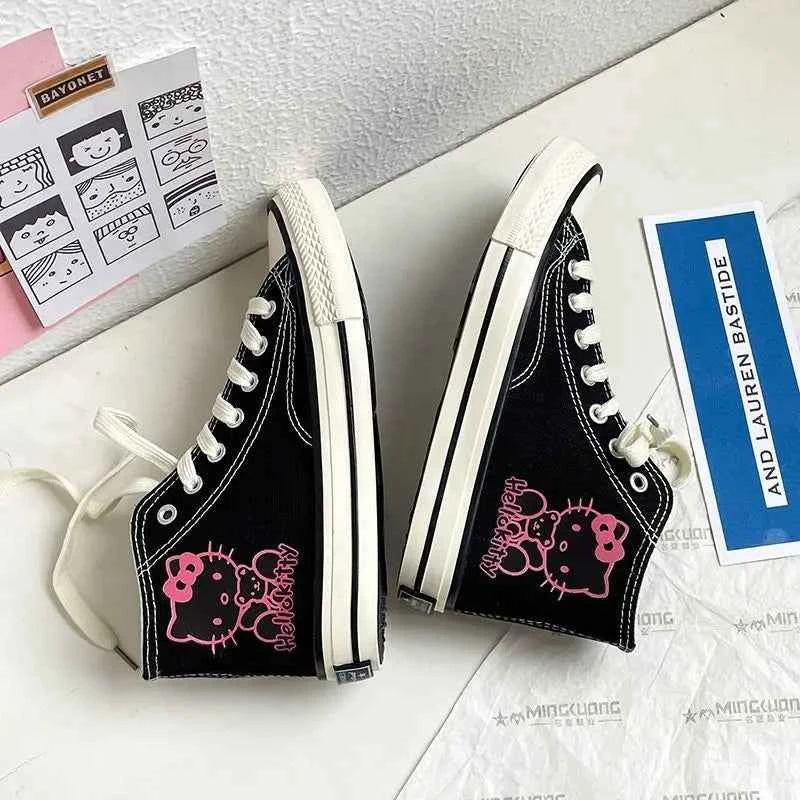 Kawaii Hello Kittys High Tops Canvas Shoes Women Sanrios Student Cartoon Graffiti Skateboard Shoes Girl Preppy Versatile Sneaker