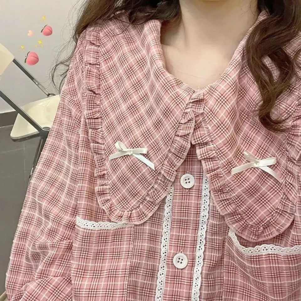 Autumn and Winter Set Students Korean Japanese Pink Check - Vusy Kawaii Shop