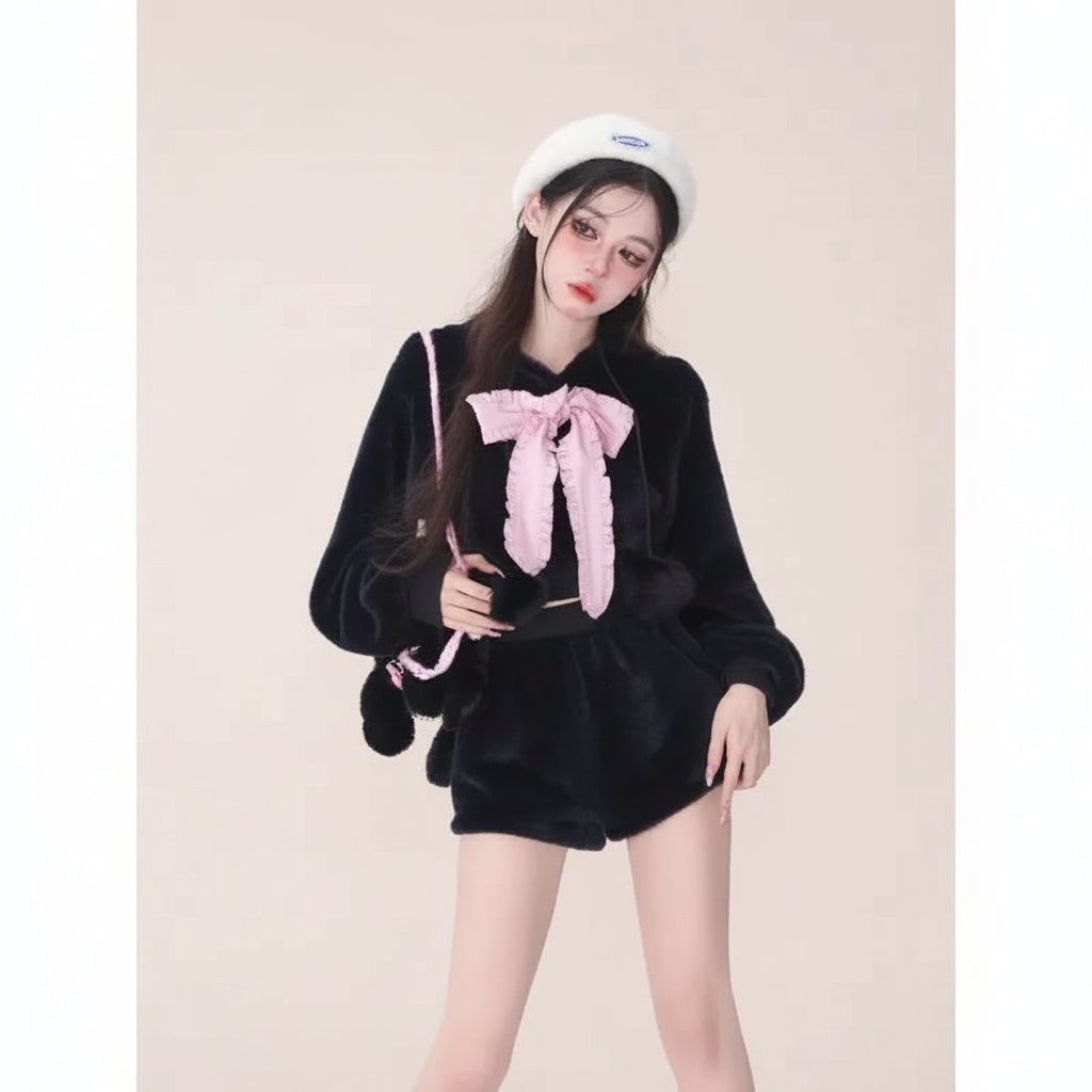 Autumn-Winter White Plush Bow Rabbit Ear Hooded Sweatshirt - Vusy Kawaii Shop
