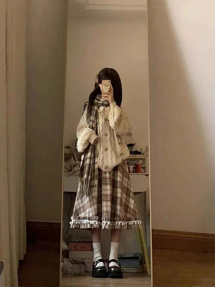Japanese Sweet Woolen Plaid Skirt Autumn and Winter Grid