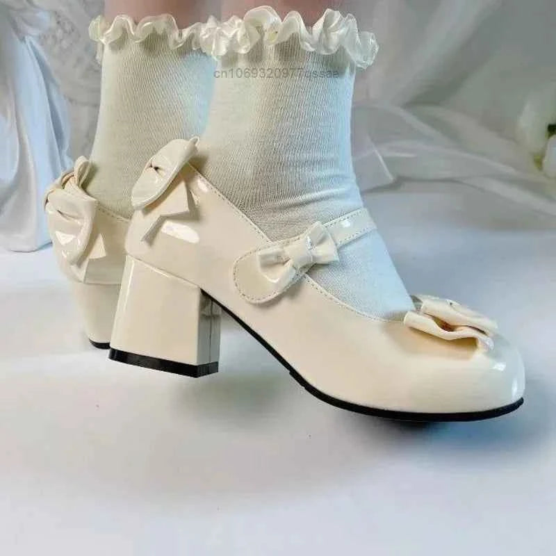 2025 Lolita Style Cute Round Head  Jane Pumps With Bow Women's Sweet Party Dress Midi Heels Shoes Fashion PU Sandals