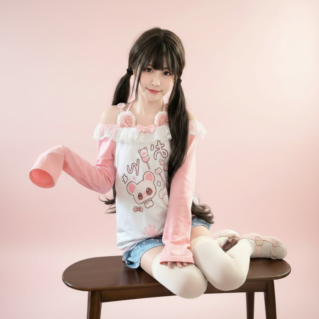 Kawaii Lace Off Shoulder Tops Women Sweet T-Shirt Slash Neck - Vusy Kawaii Shop