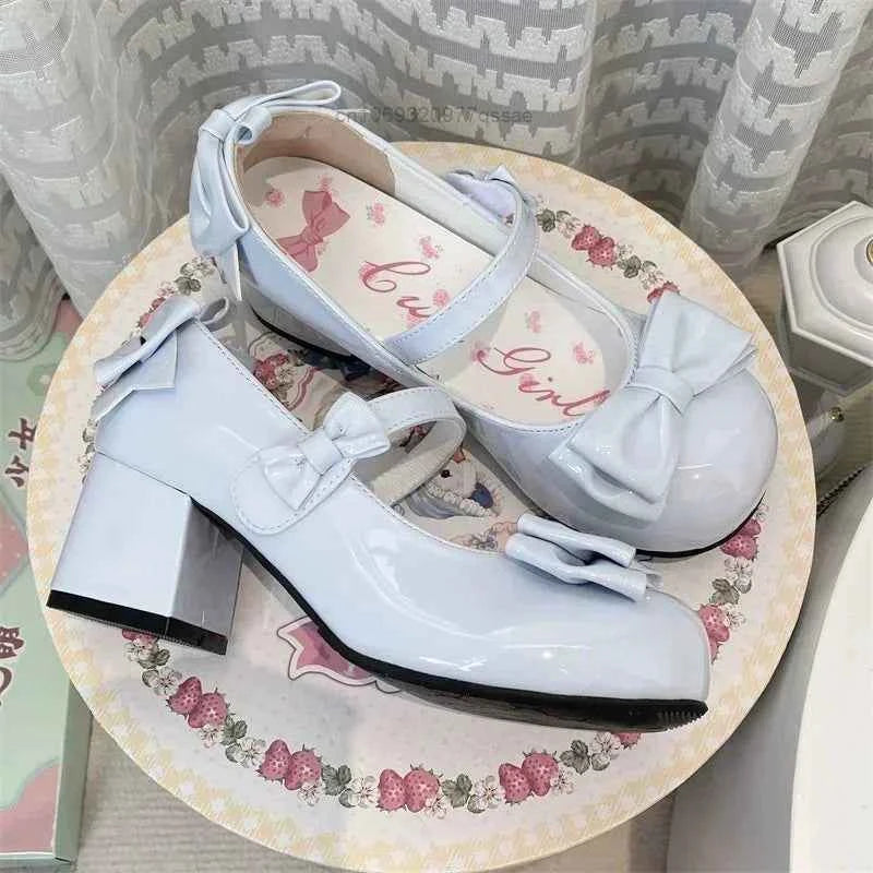 2025 Lolita Style Cute Round Head  Jane Pumps With Bow Women's Sweet Party Dress Midi Heels Shoes Fashion PU Sandals