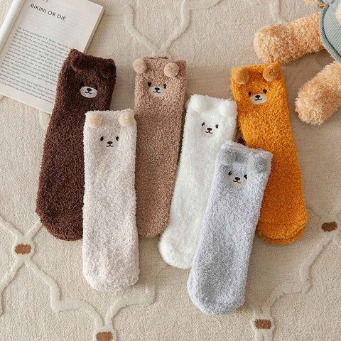 5/6/12 PCS Cartoon Animal Socks Women Warm Plush Mid-calf Sock 6 Colors Fleece Sock Set Home Floor Sleeping Winter