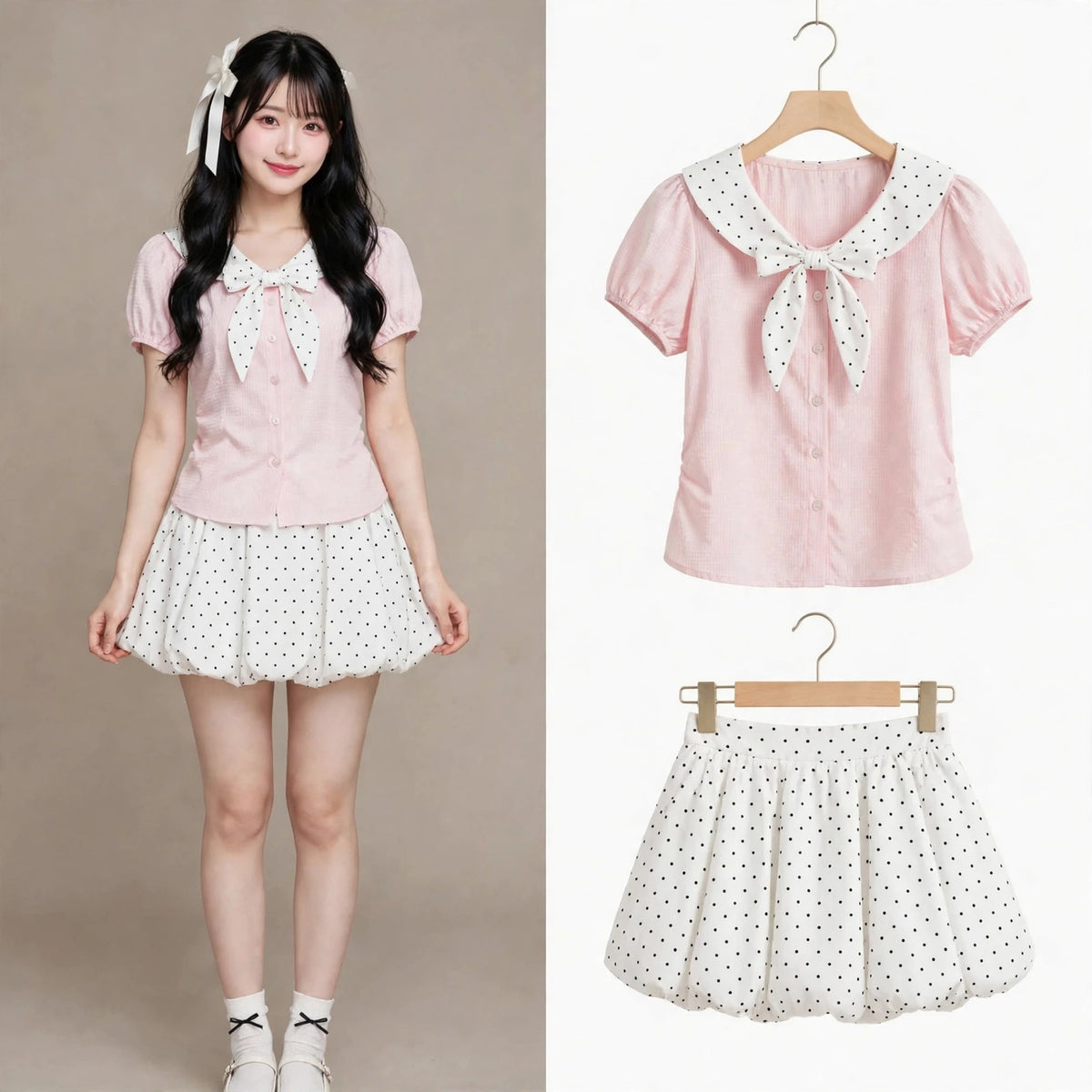 Women's Sweet Polka Dot Bow Collar Top & Mini Skirt Set