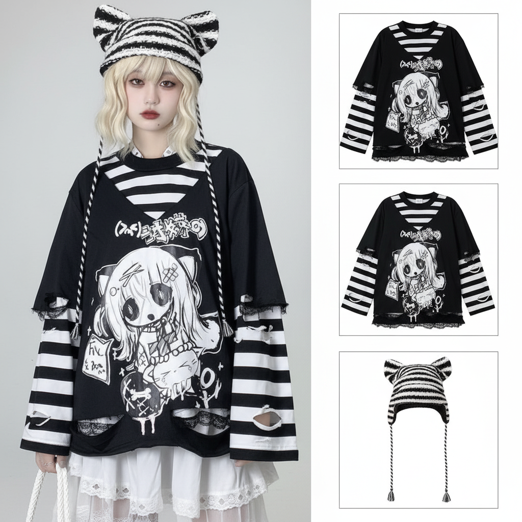 Japanese Fashion Fake Two Pieces Cartoon Print T-shirts - Vusy Kawaii Shop