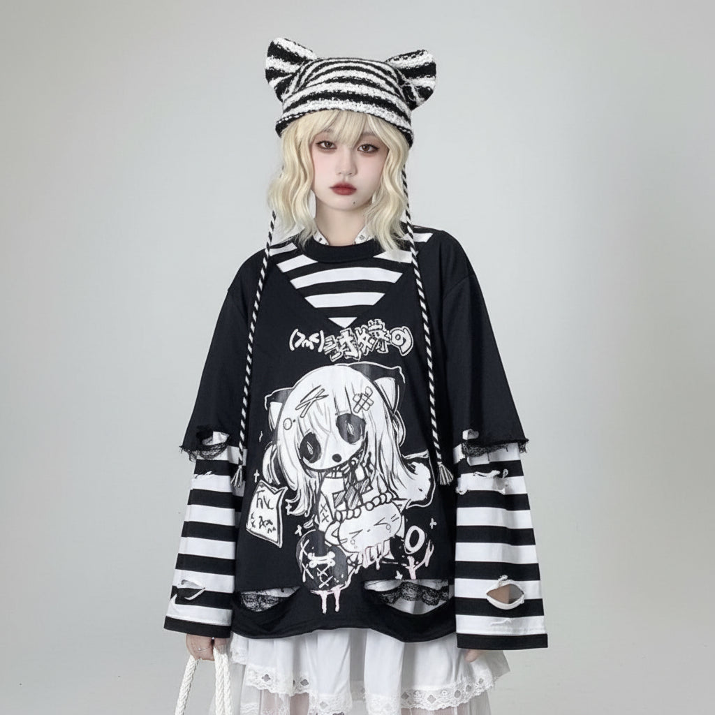 Japanese Fashion Fake Two Pieces Cartoon Print T-shirts - Vusy Kawaii Shop