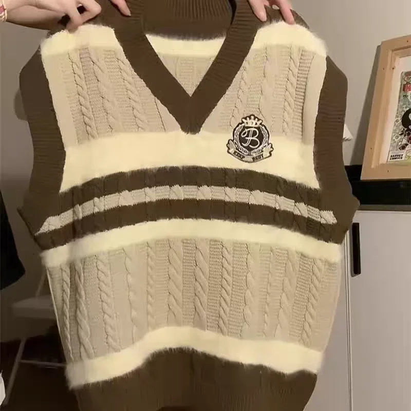 Preppy Fall Outfit Patchwork Knit Vest Shirt Wide-Leg - Vusy Kawaii Shop