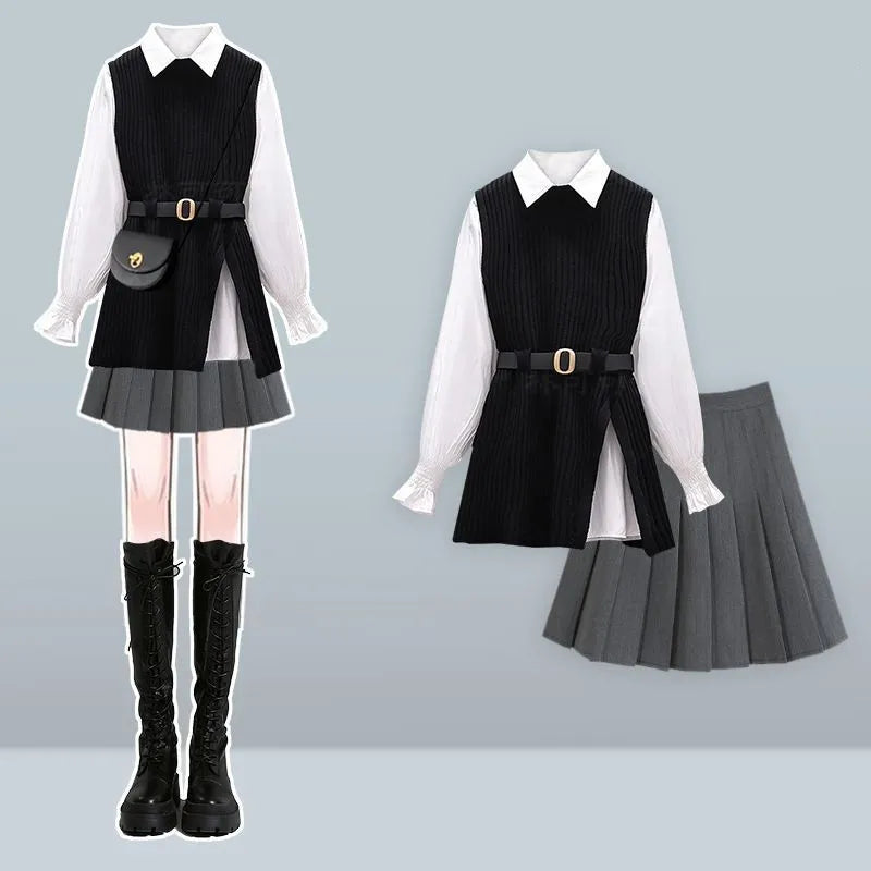 Brown preppy knit vest with white shirt and pleated skirt, product photo 12