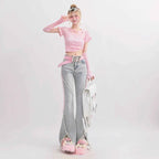 Harajuku Streetwear Retro Fashion Women High Waist Jeans Horn Fork Design Wide Leg Straight Loose Denim Trousers Y2K Baggy Pants