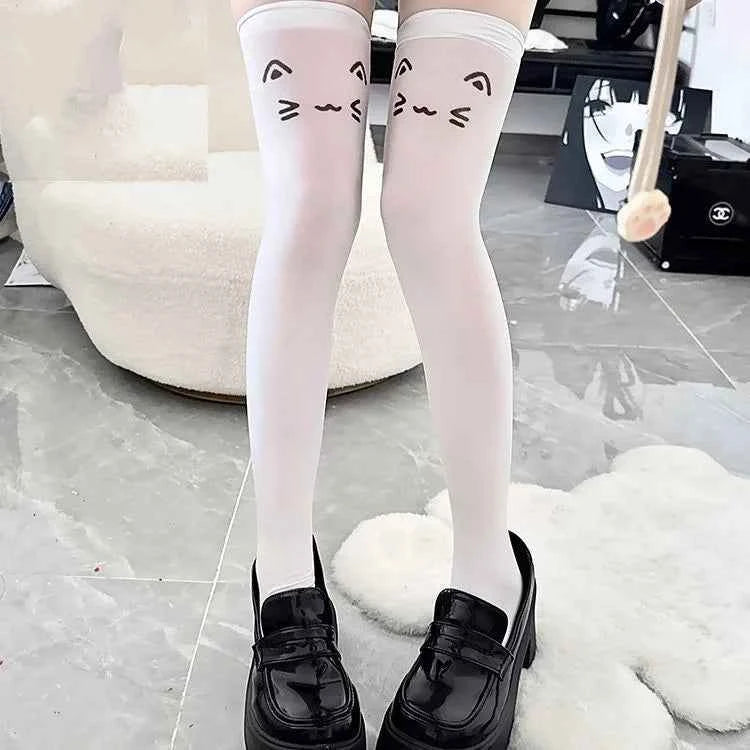 Japanese Kawaii Expression Thigh Socks White Print Long Socks JK Harajuku Over Knee Thigh High Stockings Y2K Cosplay Socks